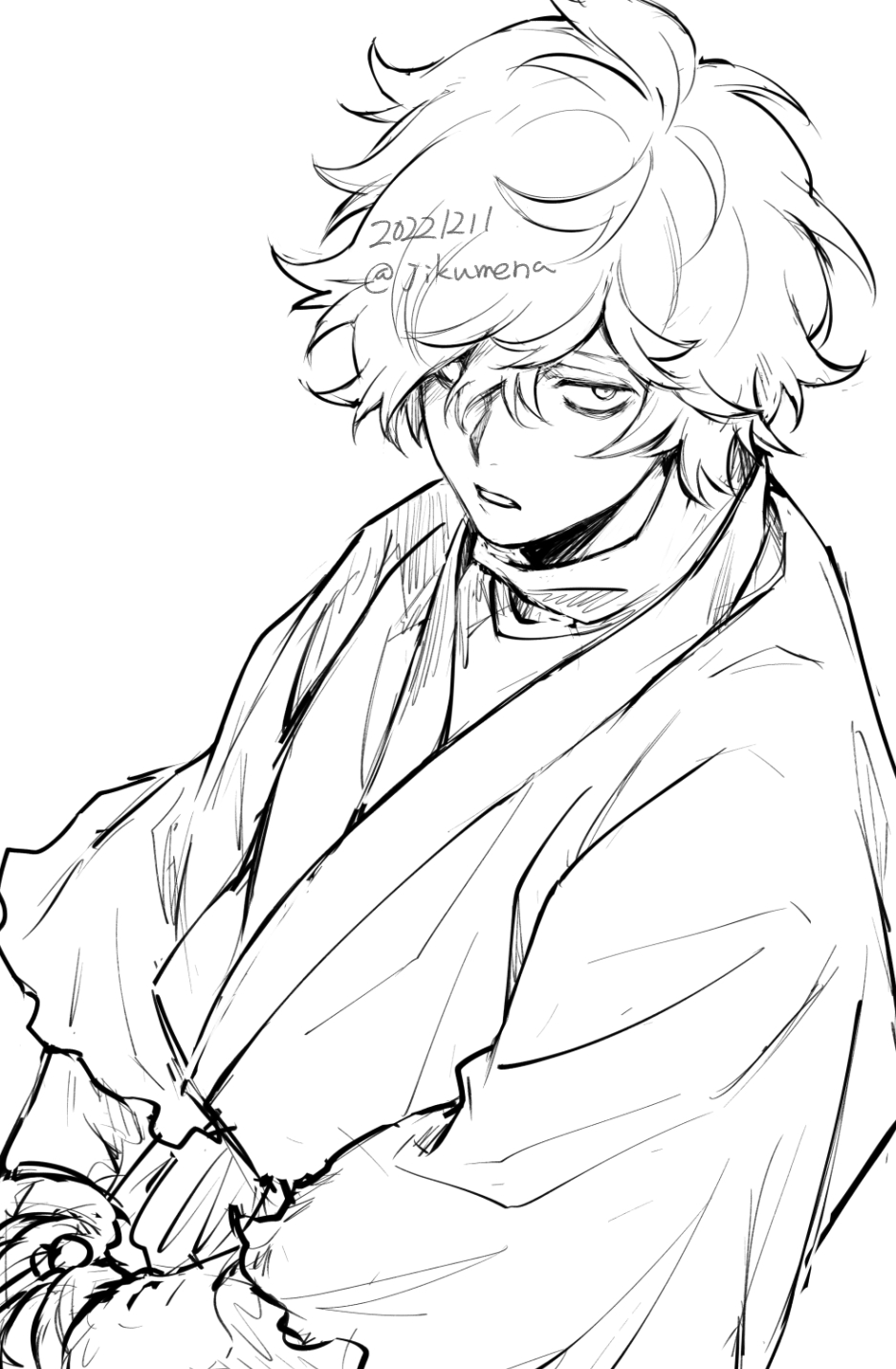 1boy, bangs, curly_hair, dated, gabimaru, greyscale, hair_over_one_eye, highres