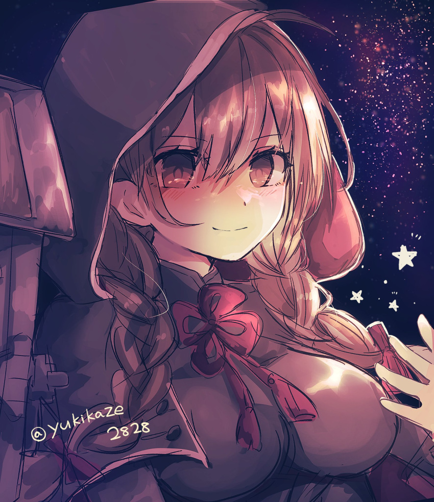 1girl, ahoge, black_capelet, black_dress, blush, braid, breasts, brown_eyes