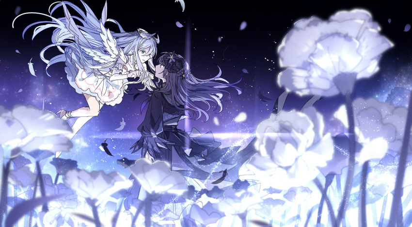2girls, asahina_mafuyu, black_dress, black_flower, blue_eyes, dress, falling_feathers, field