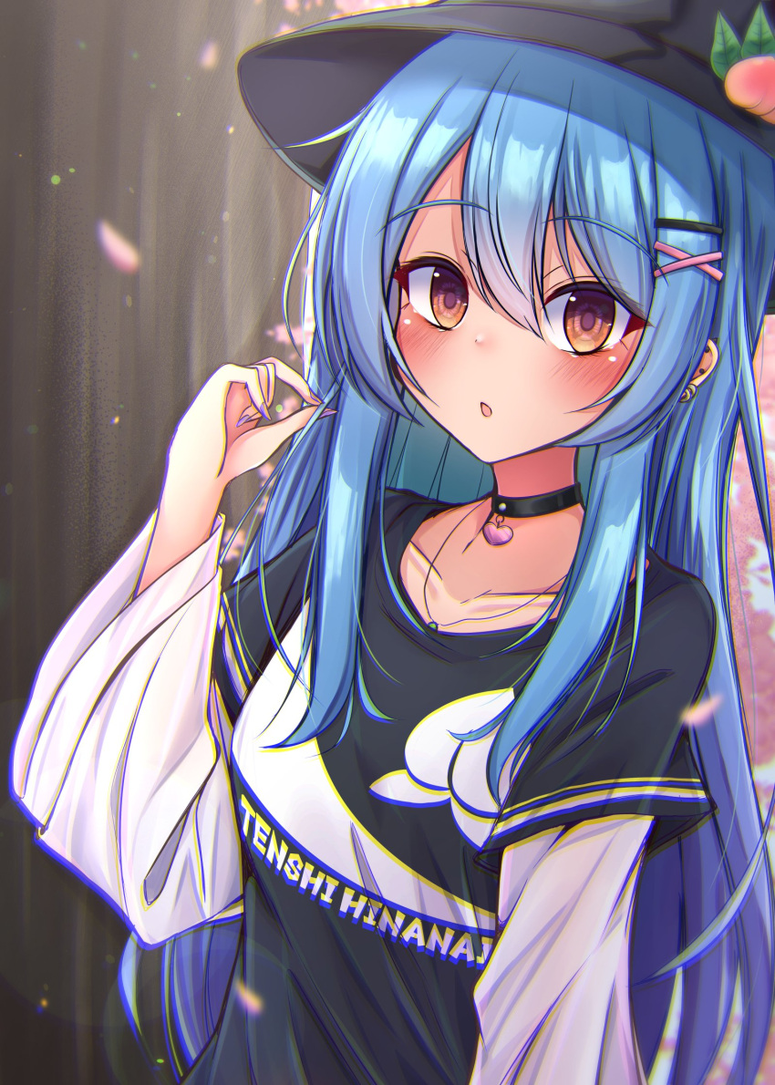1girl, alternate_costume, black_choker, black_headwear, blue_hair, blush, brown_eyes, character_name