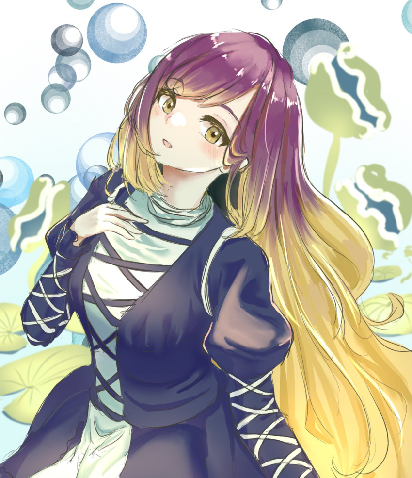 1girl, :d, blonde_hair, bubble, cross-laced_clothes, gradient_hair, highres, hijiri_byakuren