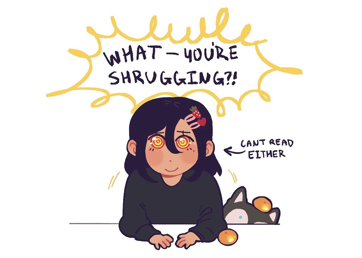 1girl, 1other, black_hair, black_shirt, chainsaw_man, dog, dreamisoup, food, food-themed_hair_ornament, fruit, hair_between_eyes, hair_ornament, hairclip, husky, looking_at_viewer, nayuta_(chainsaw_man), orange_(fruit), ringed_eyes, shirt, short_hair, simple_background, smile, solo_focus, strawberry_hair_ornament, white_background, yellow_eyes