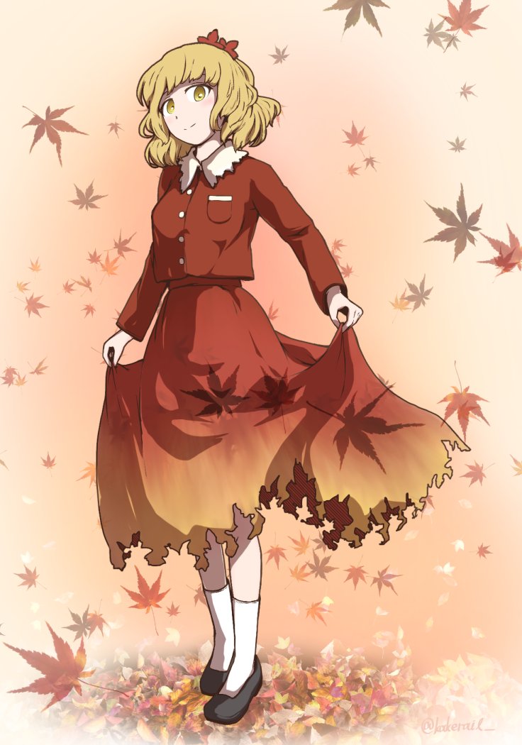 1girl, aki_shizuha, autumn_leaves, black_footwear, blonde_hair, closed_mouth, clothes_lift, full_body, gradient_skirt, hair_ornament, kakera_(comona_base), leaf, leaf_hair_ornament, lifted_by_self, long_sleeves, looking_at_viewer, maple_leaf, medium_hair, red_shirt, red_skirt, shirt, skirt, skirt_lift, smile, socks, solo, standing, touhou, white_socks, yellow_eyes