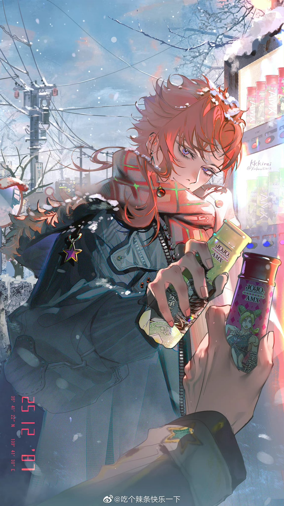 2boys, bangs, black_jacket, blue_eyes, bottle, closed_mouth, earrings, greeny_(maindo)