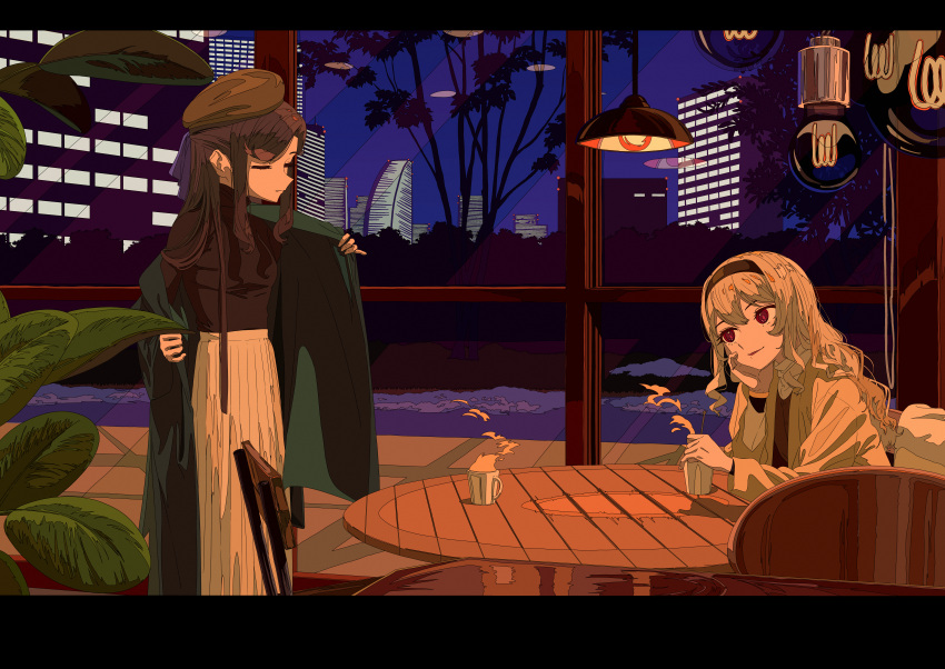 2girls, absurdres, bangs, beret, black_hairband, black_shirt, blonde_hair, breasts
