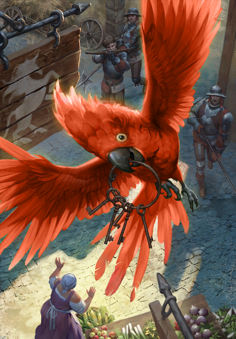 1girl, 3boys, aiming, aiming_at_viewer, aiming_up, animal, animal_focus, apple, bad_source, bird, bird_wings, brown_eyes, corn, corn_cob, crossbow, feathered_wings, feathers, field_marshal_windbag, flying, food, fruit, full_body, grafit_studio, green_apple, gwent_(game), highres, holding, holding_crossbow, holding_weapon, horse_print, key, keychain, looking_at_viewer, market, medieval, mouth_hold, multiple_boys, official_alternate_hair_color, official_art, open_mouth, outdoors, radish, red_apple, red_feathers, red_wings, spring_onion, the_witcher_(series), weapon, wheel_removed, wings