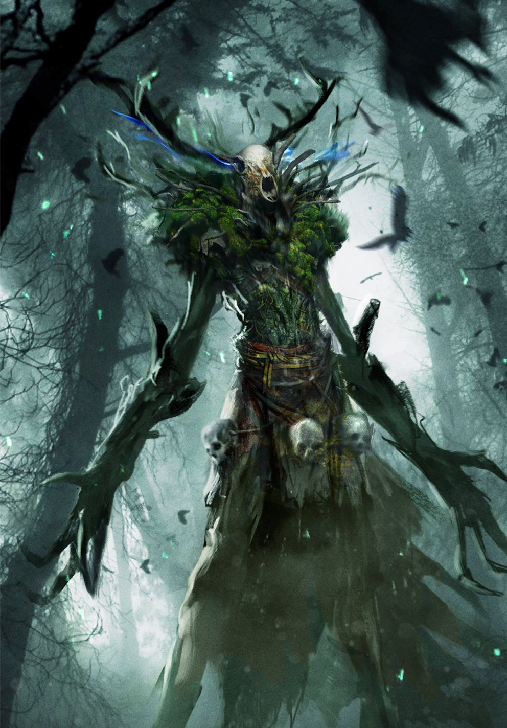 bird, crow, crows, deer_antlers, forest, gwent_(game), highres, leshen