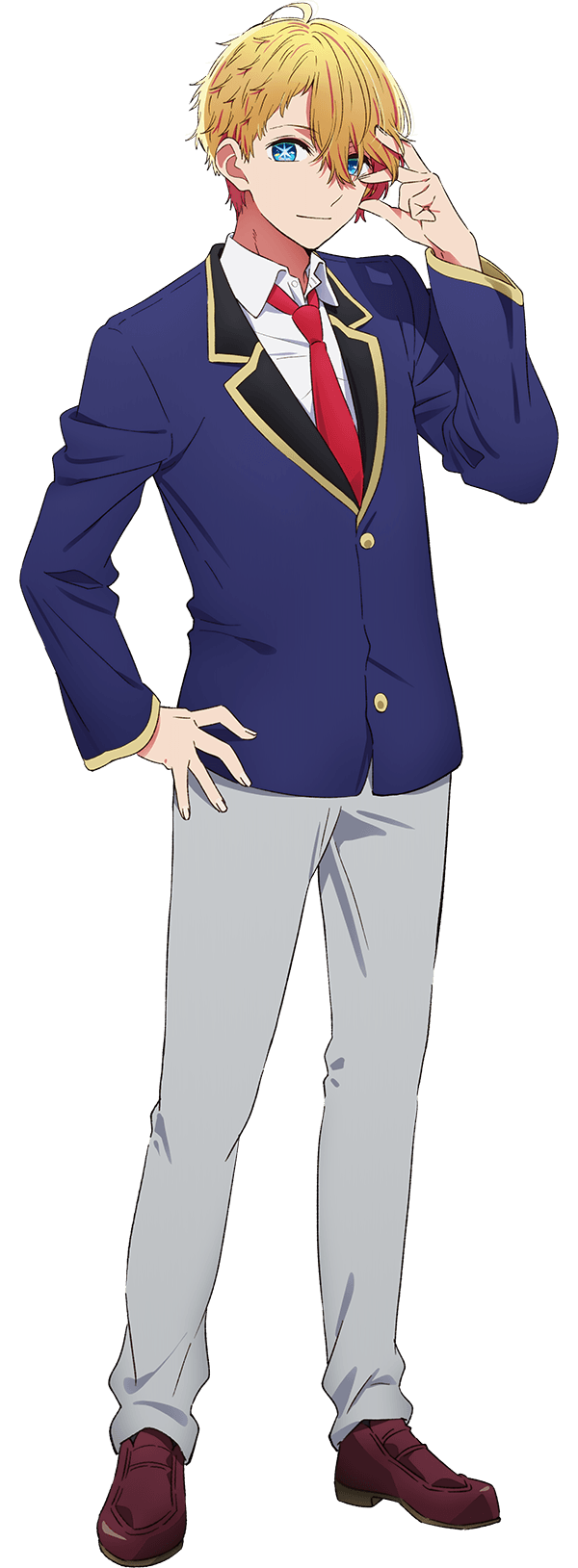 1boy, bangs, blazer, blonde_hair, blue_eyes, blue_jacket, brown_footwear, buttons, collared_jacket, collared_shirt, cowlick, full_body, gradient_hair, grey_pants, hair_between_eyes, hair_over_one_eye, hand_on_own_cheek, hand_on_own_face, highres, hoshino_aquamarine, jacket, long_sleeves, looking_at_viewer, messy_hair, multicolored_hair, necktie, official_art, orange_hair, oshi_no_ko, pants, red_necktie, redhead, school_uniform, shirt, solo, star_(symbol), star_in_eye, symbol_in_eye, tachi-e, white_pants, white_shirt, yokoyari_mengo_(style)