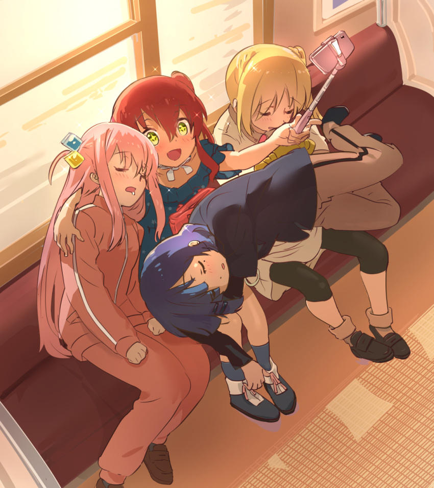 +_+, 4girls, :d, blonde_hair, blue_hair, bocchi_the_rock!, cellphone, closed_eyes, cube_hair_ornament, gotou_hitori, green_eyes, hair_ornament, highres, ijichi_nijika, jacket, kita_ikuyo, kyarahiba, long_hair, multiple_girls, pants, phone, pink_hair, redhead, selfie_stick, short_hair, side_ponytail, sitting, sleeping, sleeping_on_person, smartphone, smile, track_jacket, track_pants, track_suit, train_interior, yamada_ryou