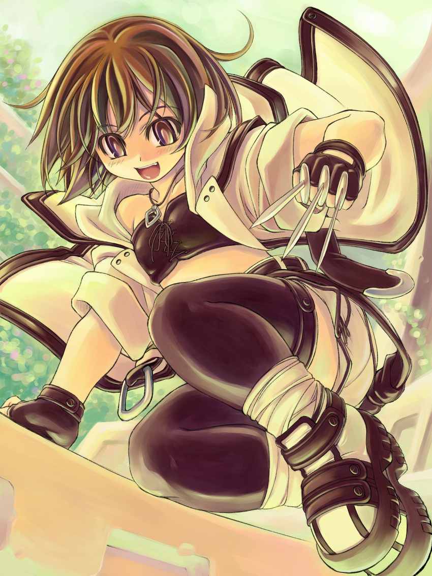 1girl, absurdres, brown_hair, claws, fingerless_gloves, gloves, highres, open_mouth