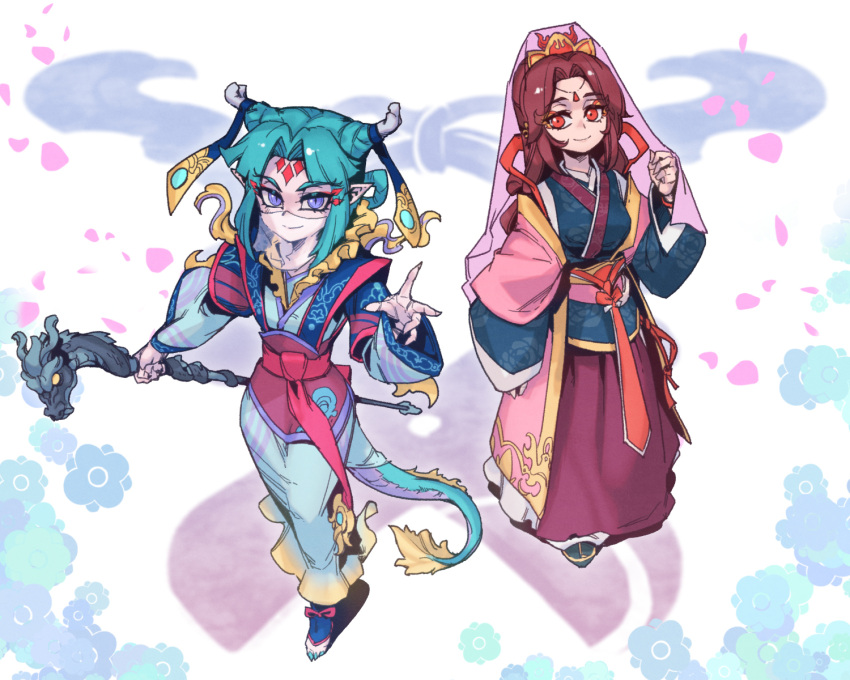 2girls, bangs, blue_eyes, bnags, brown_hair, china_dress, chinese_clothes, clothing_request