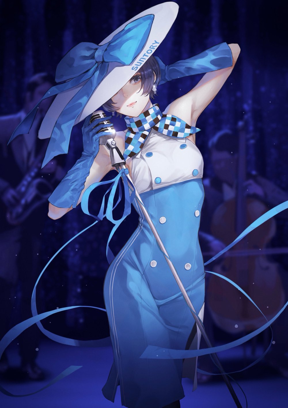 1girl, 2others, bandana, blue_bandana, blue_gloves, blue_skirt, buttons, closed_mouth
