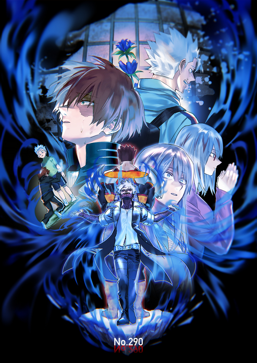 2girls, 6+boys, absurdres, aged_down, arm_grab, back-to-back, backpack, bag, bangs, belt, belt_buckle, black_background, black_bag, black_footwear, black_jacket, black_pants, black_track_suit, blue_eyes, blue_flower, blue_shorts, blurry, boku_no_hero_academia, boots, bright_pupils, buckle, burn_scar, burning, cardigan, cheek_piercing, chromatic_aberration, closed_mouth, collared_shirt, constricted_pupils, cropped_torso, crying, dabi_(boku_no_hero_academia), depth_of_field, diffraction_spikes, endeavor_(boku_no_hero_academia), fire, floating_clothes, floating_hair, floating_rock, flower, from_behind, glasses, glowing, green_shirt, hair_between_eyes, head_back, high_collar, highres, jacket, knee_boots, kneeling, long_hair, long_sleeves, looking_afar, looking_ahead, looking_at_another, looking_down, looking_to_the_side, medium_hair, multicolored_hair, multiple_boys, multiple_girls, multiple_scars, no_shoes, open_mouth, outline, outstretched_arms, palms_together, pants, parted_lips, polo_shirt, profile, pyrokinesis, red-framed_eyewear, redhead, roots_(hair), scar, scar_on_arm, scar_on_face, scar_on_neck, sennen_suisei, shiny, shiny_clothes, shiny_hair, shirt, short_hair, short_sleeves, shorts, shouji, single_vertical_stripe, sliding_doors, socks, spiky_hair, splatter, split-color_hair, spoilers, spread_arms, standing, straight_hair, surprised, sweat, tears, teeth, todoroki_fuyumi, todoroki_natsuo, todoroki_rei, todoroki_shouto, todoroki_touya, track_jacket, track_pants, track_suit, two-tone_hair, upper_teeth, v-neck, walking, white_hair, white_outline, white_pupils, white_shirt, white_socks, wing_collar, yellow_cardigan