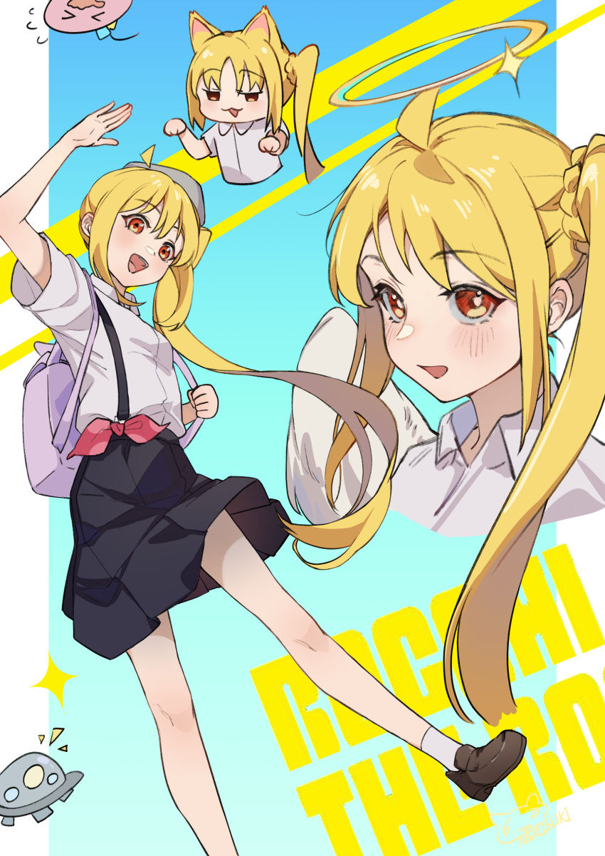 1girl, :3, :d, absurdres, ahoge, angel, angel_wings, backpack