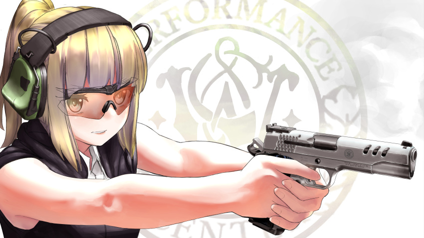 1girl, absurdres, aiming, blonde_hair, finger_on_trigger, goggles, gun, handgun
