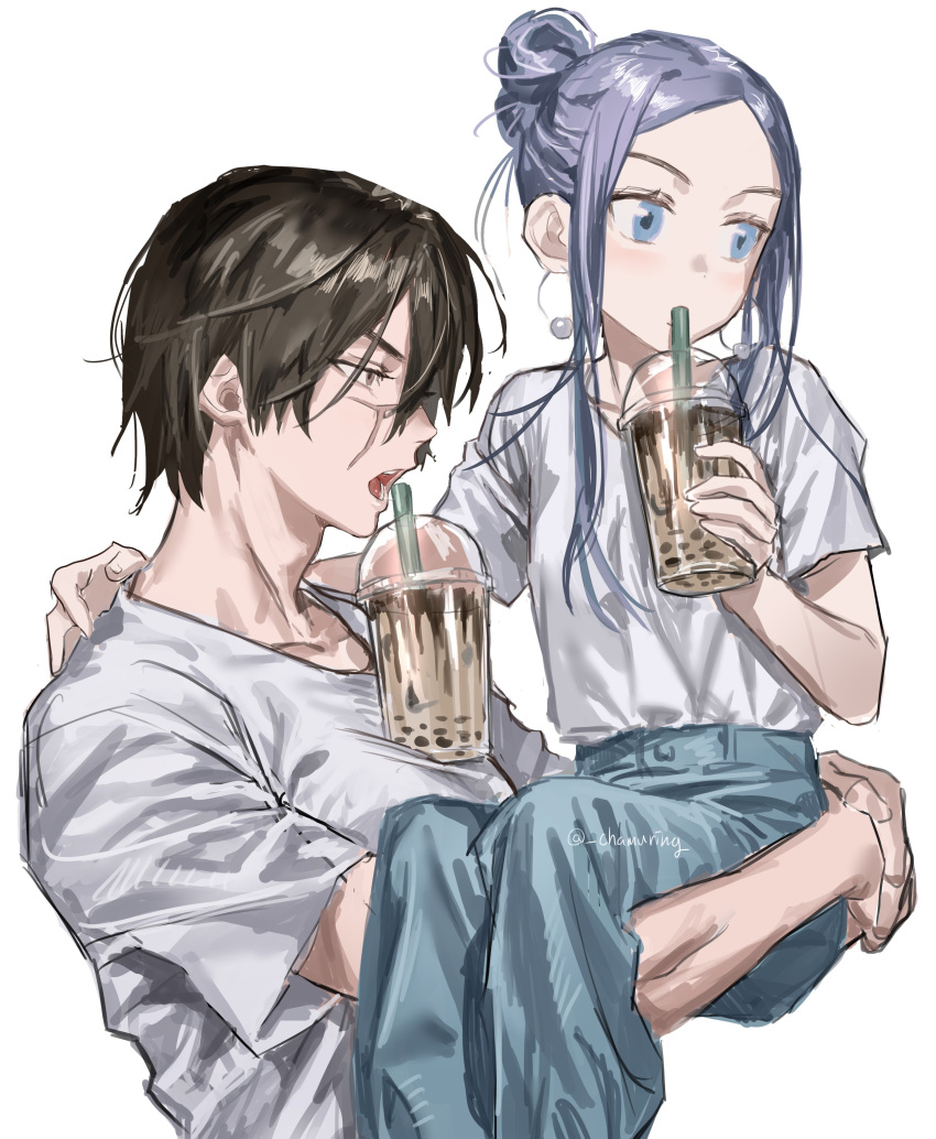 1boy, 1girl, abs, absurdres, alternate_costume, alternate_hairstyle, arms_around_neck, asirpa, blue_eyes, blue_hair, blue_pants, blush, brown_eyes, brown_hair, bubble_tea, carrying, chamuring, child_carry, cup, disposable_cup, drink, drinking, drinking_straw, drinking_straw_in_mouth, earrings, golden_kamuy, hair_bun, highres, holding, holding_cup, holding_drink, hoop_earrings, iced_tea, jewelry, long_hair, muscular, muscular_male, object_on_pectorals, open_mouth, pants, pectorals, saliva, saliva_trail, scar, scar_on_cheek, scar_on_face, scar_on_mouth, scar_on_nose, shirt, short_hair, signature, sugimoto_saichi, tea, toned, toned_male, white_background, white_shirt