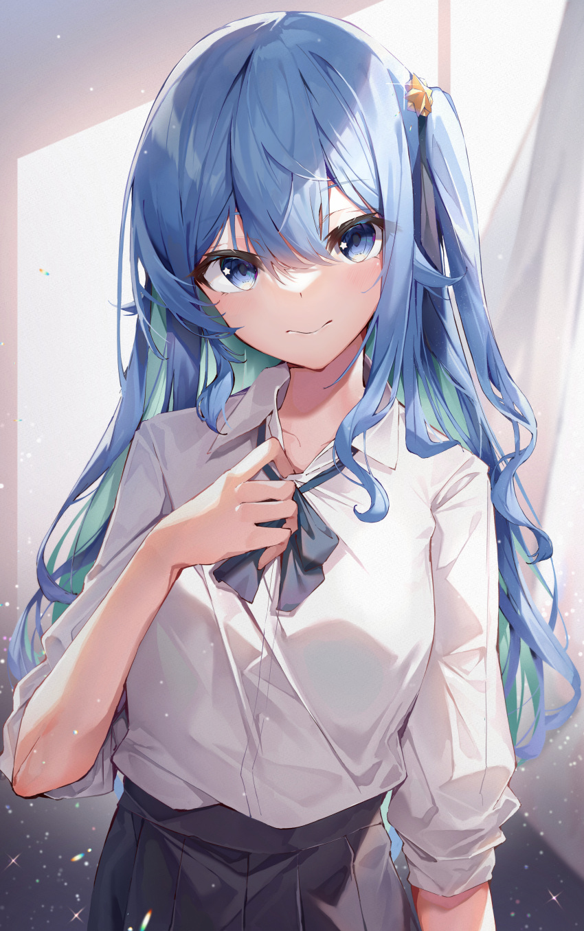 1girl, absurdres, bangs, blue_eyes, blue_hair, bow, bowtie, closed_mouth