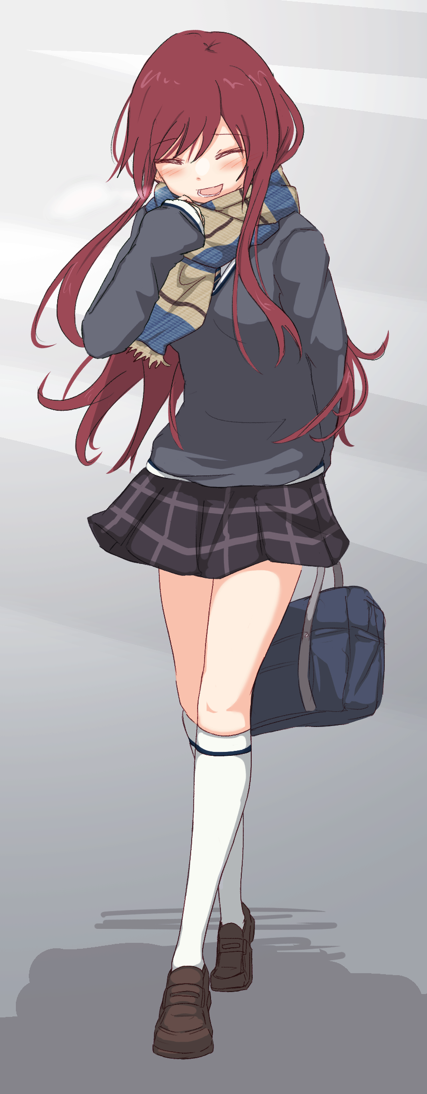 1girl, bag, bangs, black_skirt, blush, cardigan, closed_eyes, collared_shirt