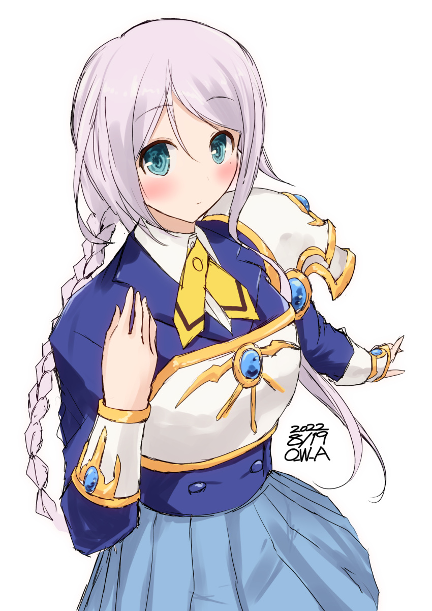 1girl, armor, bangs, blazer, blue_eyes, blue_jacket, blue_skirt, braid