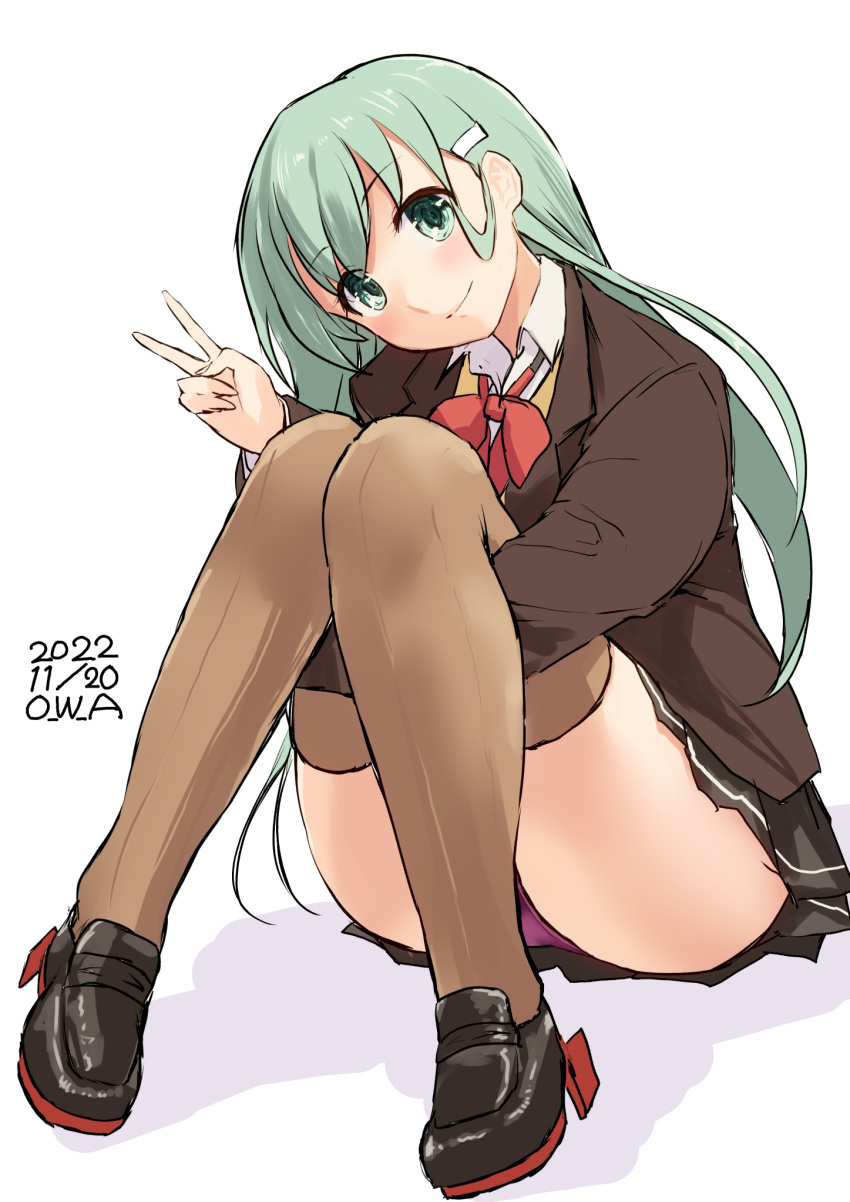 1girl, aqua_eyes, aqua_hair, artist_name, ascot, black_footwear, blazer, brown_jacket, brown_skirt, brown_thighhighs, cardigan, dated, hair_ornament, hairclip, highres, jacket, kantai_collection, legs_together, long_hair, long_sleeves, looking_at_viewer, mary_janes, neckerchief, open_cardigan, open_clothes, owa_(ishtail), panties, pantyshot, pleated_skirt, purple_panties, school_uniform, shoes, simple_background, skirt, smile, solo, suzuya_(kancolle), suzuya_kai_ni_(kancolle), thigh-highs, underwear, upskirt, v