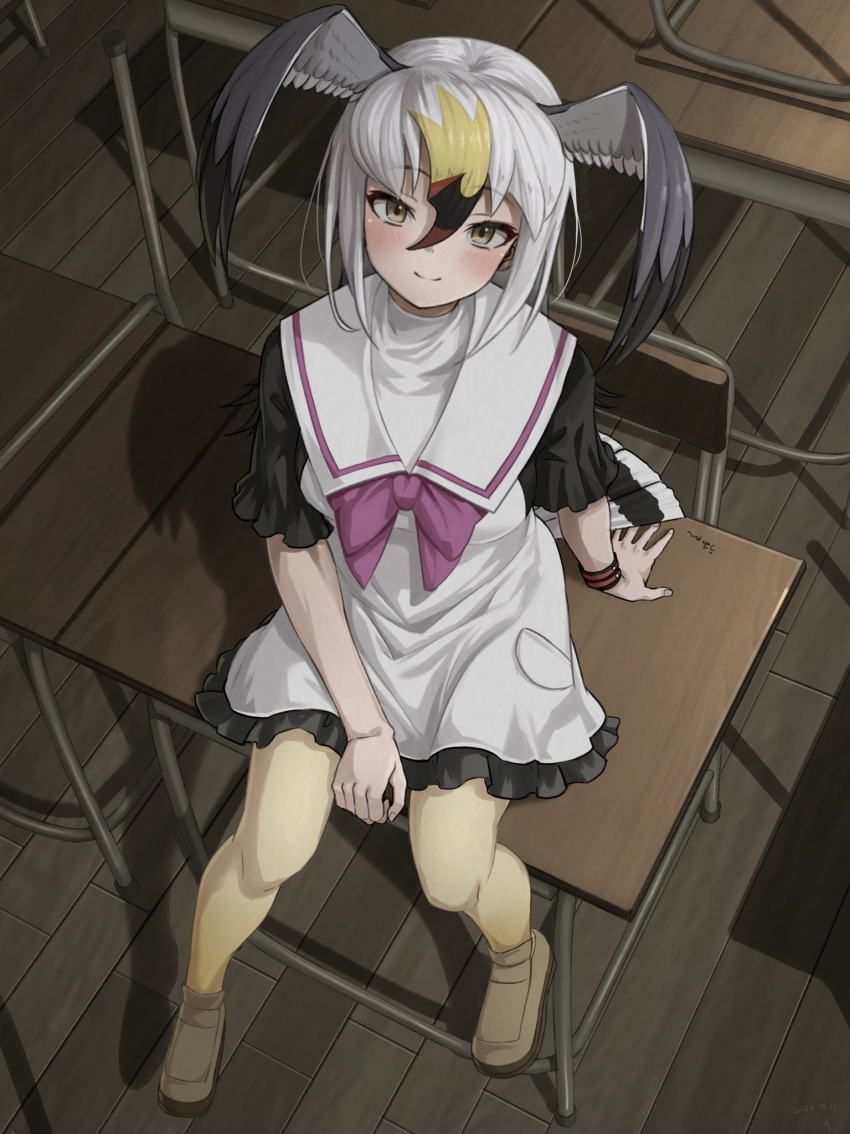 1girl, bangs, between_legs, bird_tail, black-tailed_gull_(kemono_friends), bow, bowtie, chair