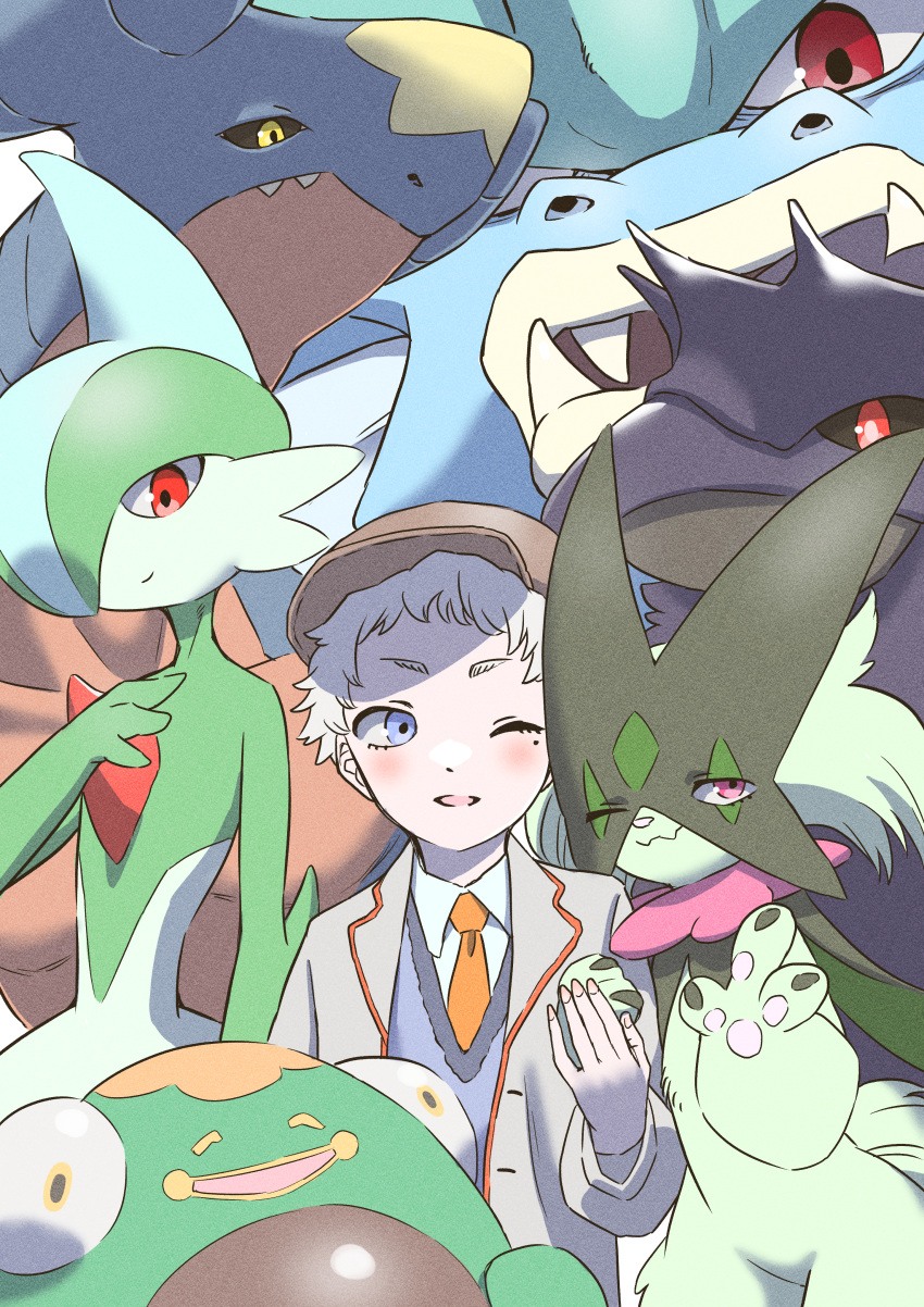 1boy, absurdres, bellibolt, blue_eyes, blue_sweater, blush, brown_headwear, character_request, collared_shirt, commentary_request, corviknight, gallade, garchomp, grey_jacket, gyarados, hand_up, highres, jacket, lapels, long_sleeves, looking_at_viewer, meowscarada, mole, mole_under_eye, necktie, nemaki_(nemaki87456), one_eye_closed, open_mouth, orange_necktie, pokemon, pokemon_(game), pokemon_sv, red_eyes, shirt, solo, sweater, upper_body, white_hair, white_shirt, yellow_eyes