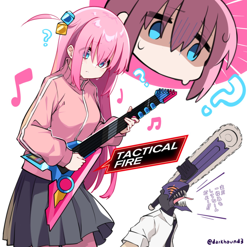 bangs, black_necktie, blue_eyes, bocchi_the_rock!, chainsaw, chainsaw_man, collared_shirt, cube_hair_ornament