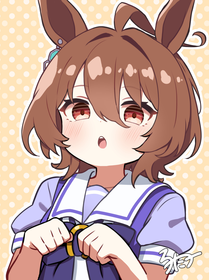 1girl, :o, agnes_tachyon_(umamusume), ahoge, animal_ears, blue_bow, blue_bowtie, blush