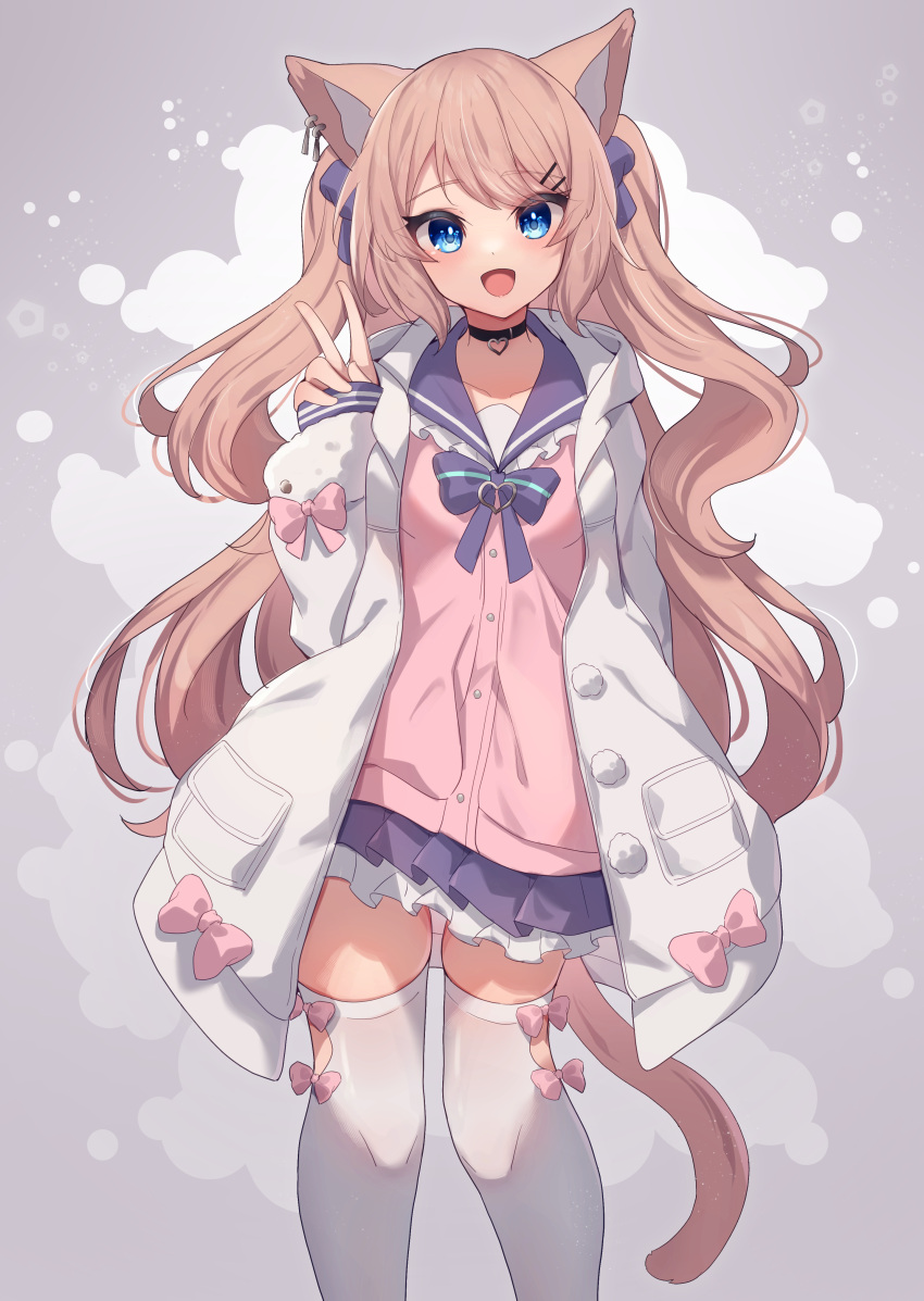 1girl, :d, absurdres, animal_ears, bangs, black_choker, blue_eyes, bow