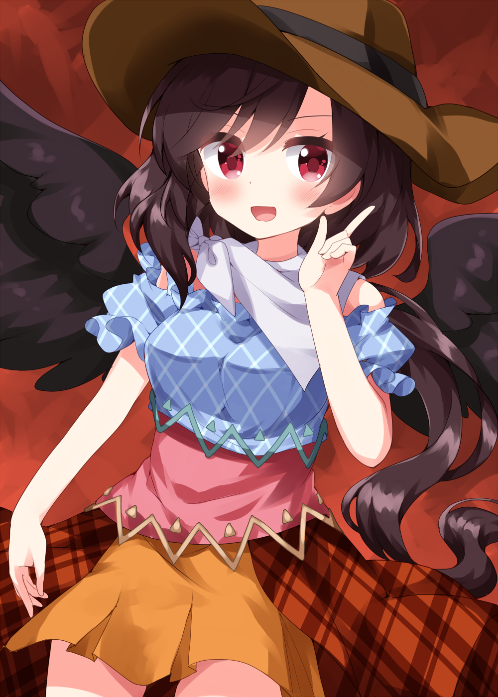 1girl, bandana, black_hair, black_wings, blue_dress, boots, brown_dress, brown_headwear
