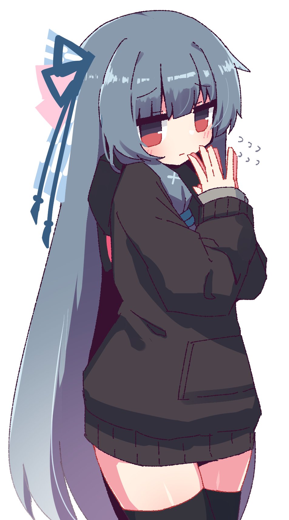 1girl, bangs, black_hoodie, black_thighhighs, blue_hair, blue_ribbon, blush, closed_mouth