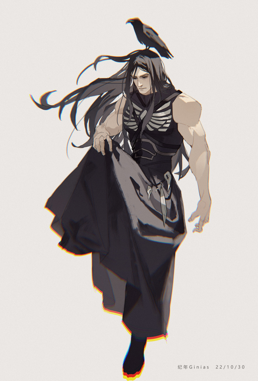 1boy, 2022, absurdres, armor, artist_name, bare_shoulders, bird, black_eyes