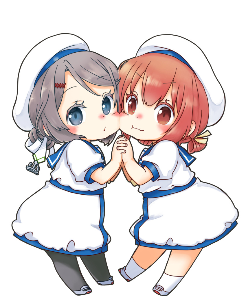 2girls, :t, blue_sailor_collar, bow, brown_hair, cheek-to-cheek, commentary_request, dress