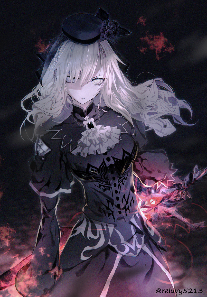 1girl, black_background, black_dress, black_flower, black_gloves, black_headwear, black_rose, dress
