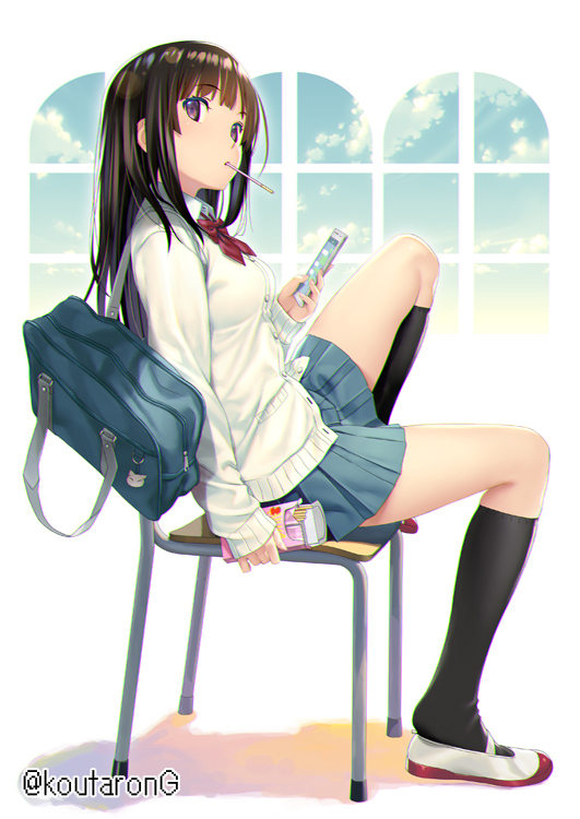 1girl, bangs, black_hair, black_socks, blue_skirt, blue_sky, bow, breasts