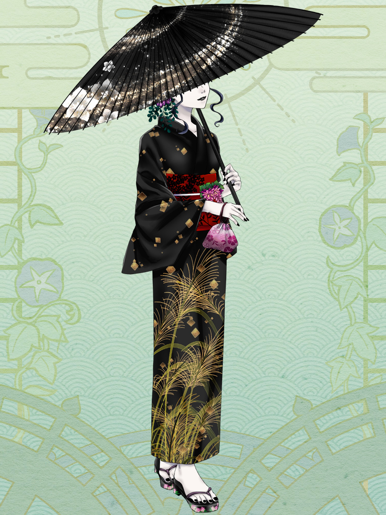 1girl, ak_atsuki0520, black_hair, black_kimono, black_lips, black_nails, black_umbrella, dairoku_ryouhei