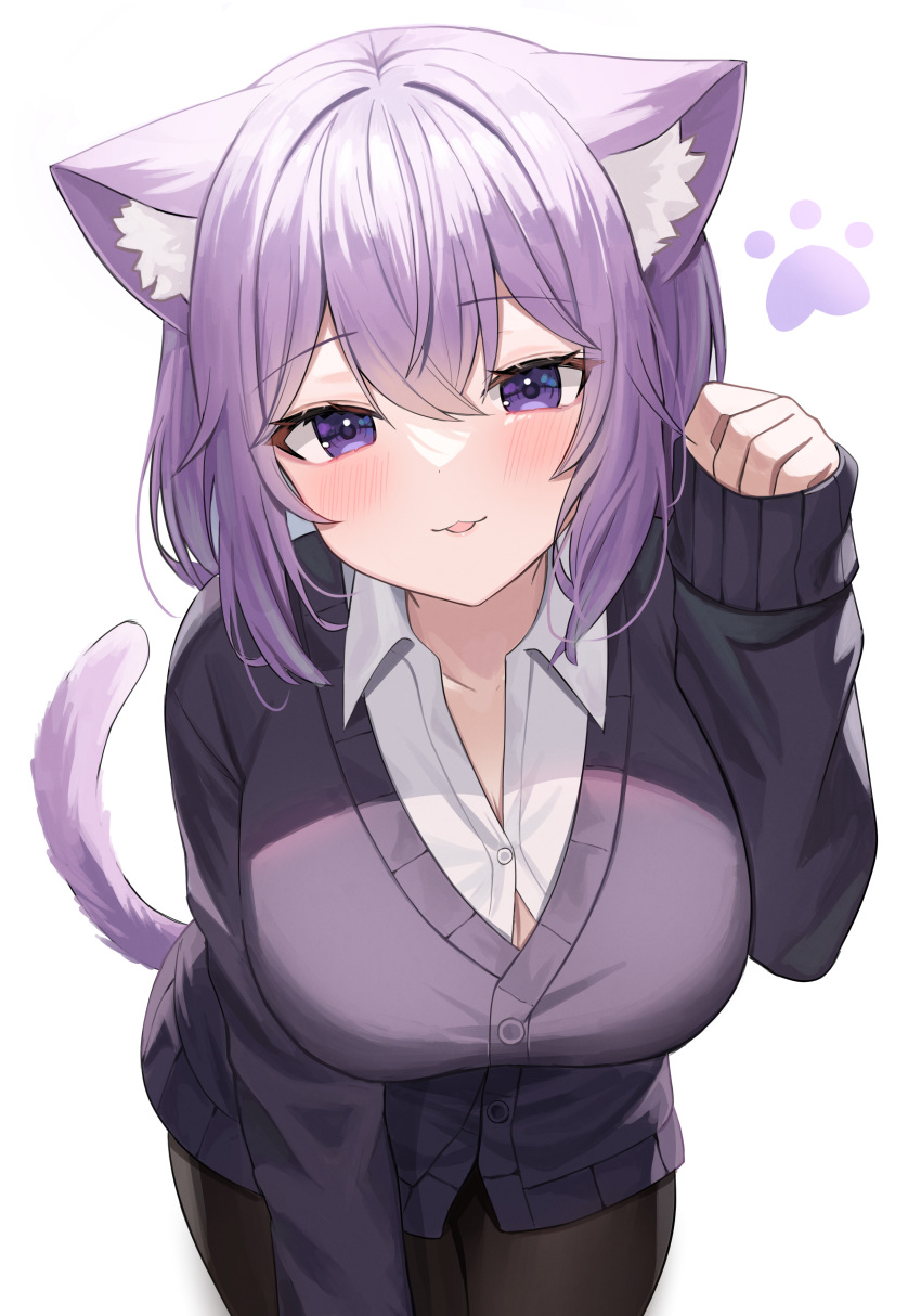 1girl, absurdres, animal_ears, bangs, black_pantyhose, breasts, brown_pants, button_gap, cat_ears, cat_girl, cat_tail, highres, hololive, large_breasts, looking_at_viewer, nannung, nekomata_okayu, open_mouth, pants, pantyhose, purple_hair, purple_vest, rice_porridge, shirt, short_hair, sidelocks, simple_background, smile, solo, standing, tail, uniform, vest, violet_eyes, virtual_youtuber, white_background, white_shirt