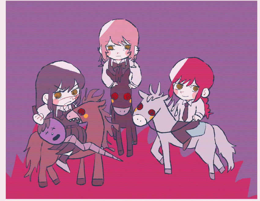 1boy, 3girls, 3others, @_@, animal, black_hair, chainsaw_man, fami_(chainsaw_man), highres, holding, holding_weapon, horse, horseback_riding, long_hair, makima_(chainsaw_man), multicolored_background, multiple_girls, multiple_others, pink_hair, redhead, riding, scar, scar_on_face, sharp_teeth, tanaka_(chainsaw_man), teeth, toon_(style), weapon, yellow_eyes, yoru_(chainsaw_man), zumaru