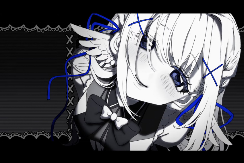 1girl, aitsuki_nakuru, blue_eyes, blue_ribbon, closed_mouth, empty_eyes, frilled_shirt, frills