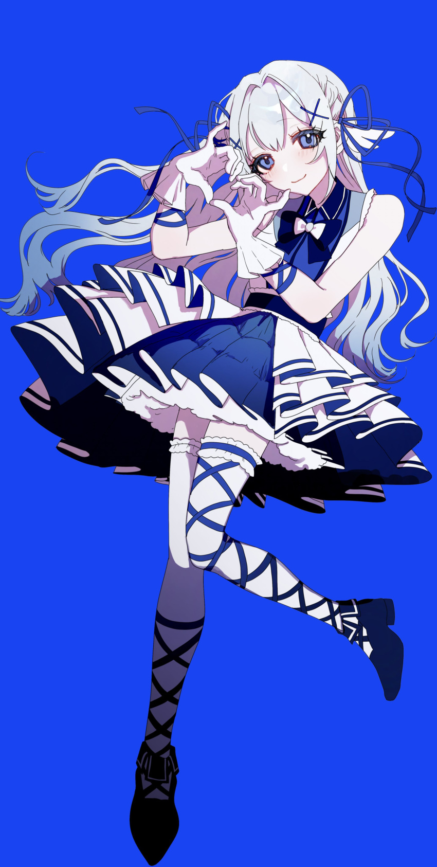 1girl, absurdres, aitsuki_nakuru, blue_background, blue_bow, blue_bowtie, blue_eyes, blue_footwear