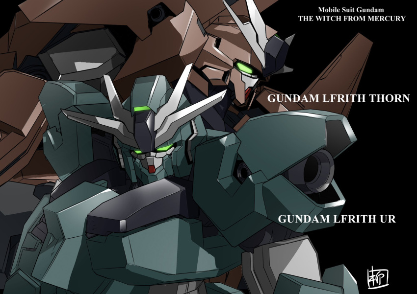 black_background, character_name, glowing, glowing_eyes, gundam, gundam_lfrith_thorn, gundam_lfrith_ur, gundam_suisei_no_majo, highres, looking_ahead, looking_at_viewer, mecha, mobile_suit, no_humans, portrait, robot, science_fiction, v-fin, yanase_takayuki