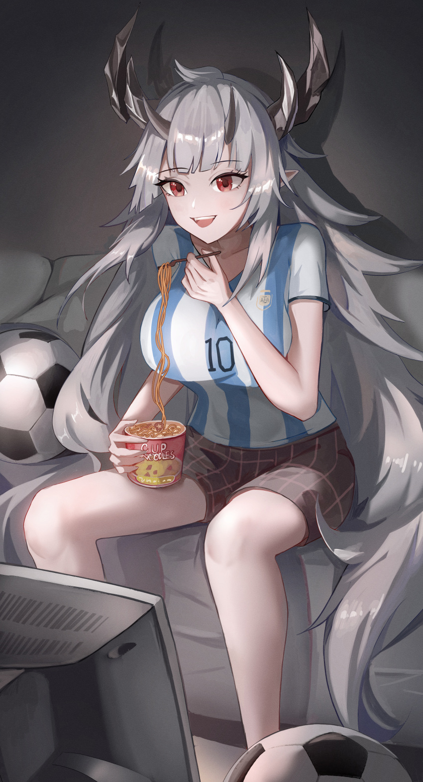 1girl, absurdres, ahoge, arknights, ball, bare_legs, breast_squeeze, breasts