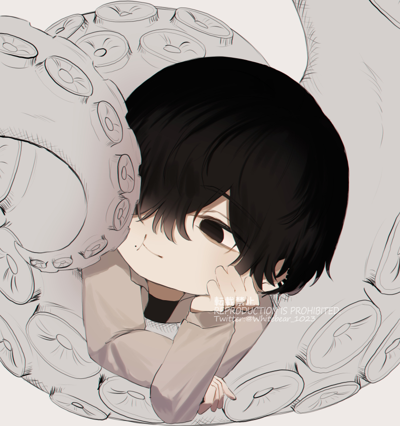 1boy, 1other, bangs, black_hair, black_shirt, chainsaw_man, ear_piercing, face_squeeze