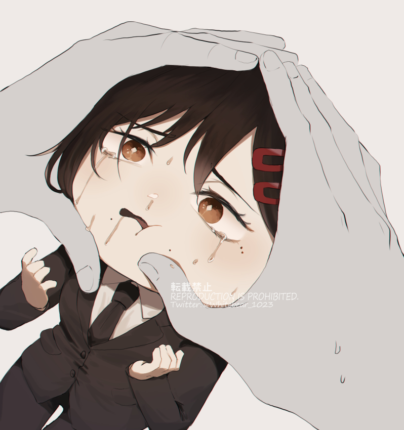 1girl, bangs, black_jacket, black_necktie, black_pants, brown_hair, chainsaw_man, collared_shirt, crying, disembodied_limb, face_squeeze, formal, grey_background, hair_ornament, hairclip, higashiyama_kobeni, jacket, looking_at_viewer, looking_up, mole, mole_under_eye, mole_under_mouth, necktie, pants, sad, saliva, shirt, simple_background, snot, solo, squeezing, suit, sweat, white_shirt, whitebear_1023