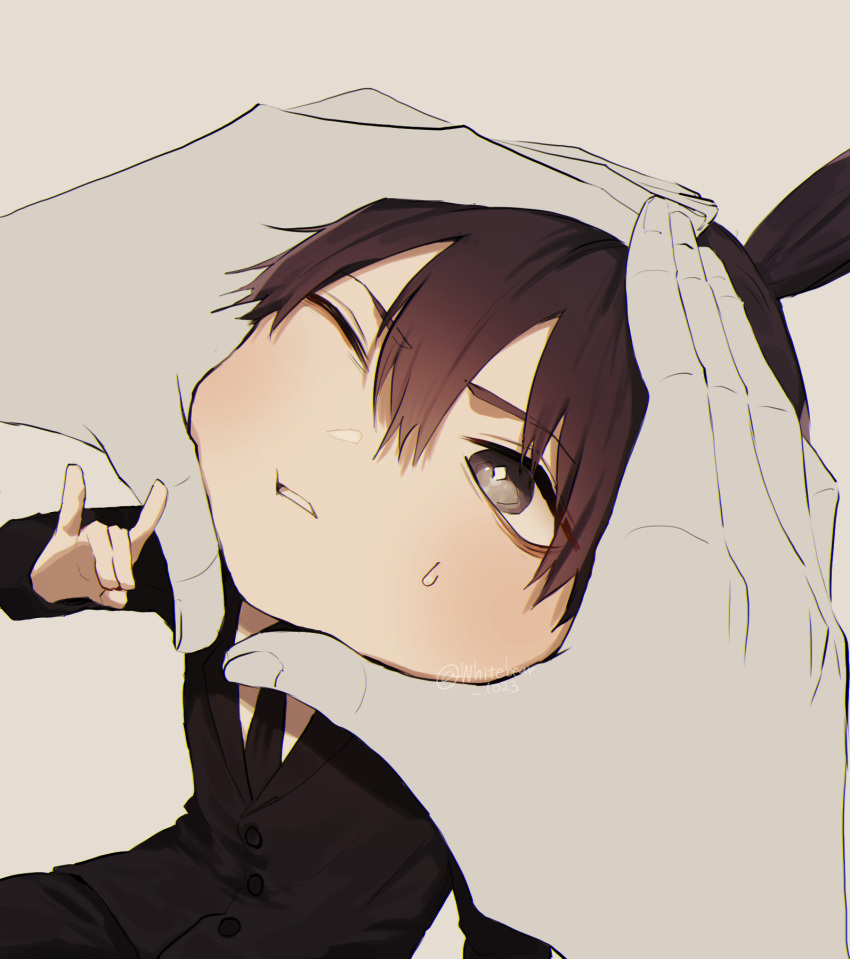 1boy, black_hair, black_jacket, black_necktie, chainsaw_man, collared_shirt, disembodied_limb, face_squeeze