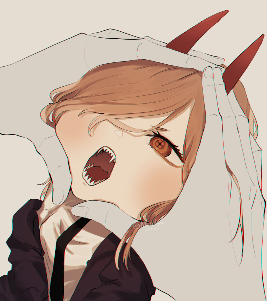 1girl, black_jacket, black_necktie, blonde_hair, brown_eyes, chainsaw_man, disembodied_limb, face_squeeze