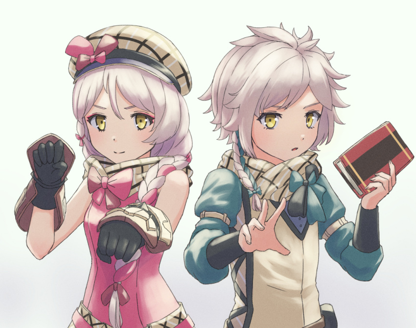 1boy, 1girl, :o, bare_shoulders, black_gloves, book, bow, braid