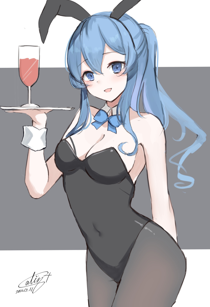 1girl, absurdres, alternate_costume, animal_ears, black_leotard, black_pantyhose, blue_eyes, blue_hair, calin, cup, detached_collar, gotland_(kancolle), hair_bun, highres, holding, holding_tray, kantai_collection, leotard, long_hair, mole, mole_under_eye, pantyhose, playboy_bunny, rabbit_ears, single_hair_bun, solo, strapless, strapless_leotard, tray, wrist_cuffs