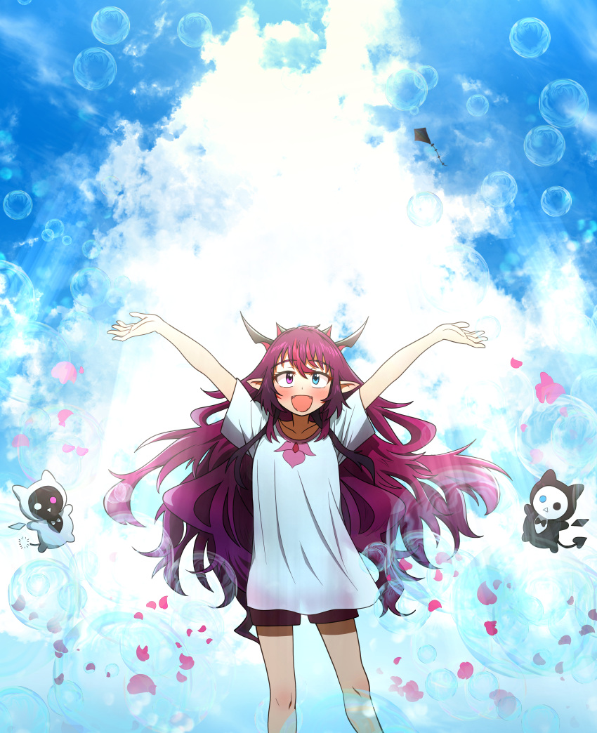1girl, :d, absurdres, alternate_costume, arms_up, bloom_(irys), blue_eyes, blue_sky