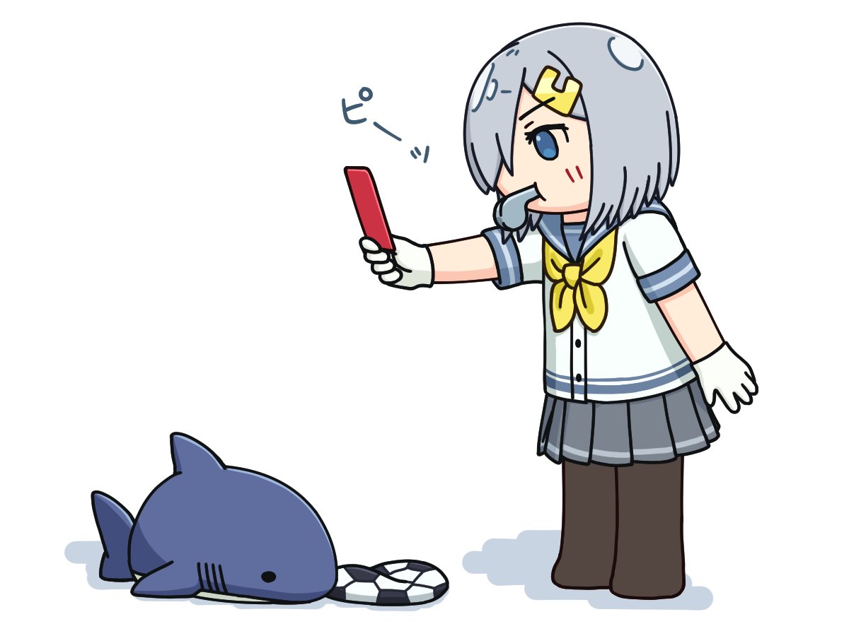 1girl, ball, black_pantyhose, blue_eyes, commentary_request, deflated, grey_hair, grey_sailor_collar